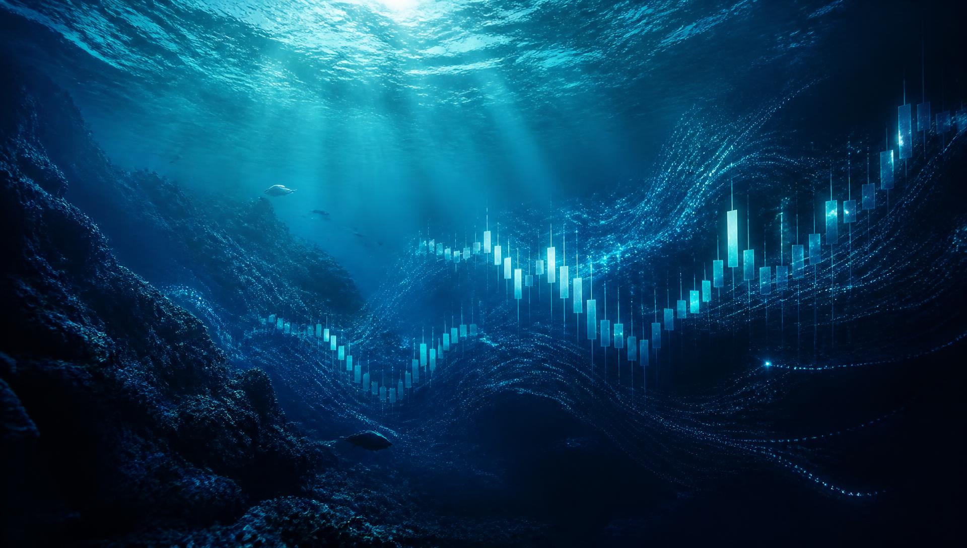 Deep ocean with glowing candlestick chart currents — independent trading research